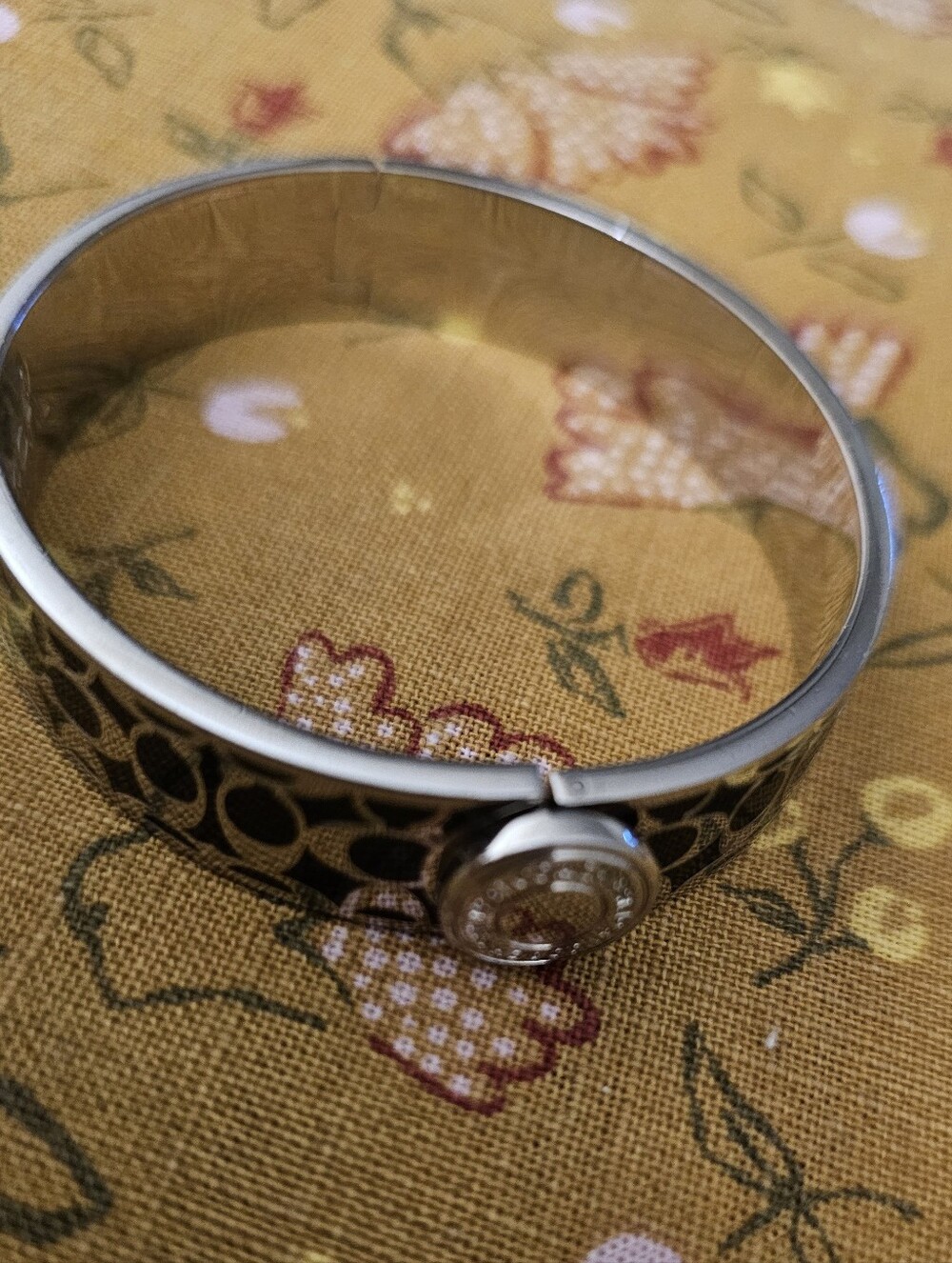 Coach Silver-Tone Black Signature Print Hinged Bangle Bracelet